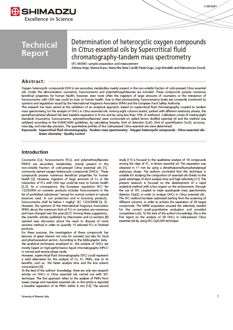 Determination of heterocyclic oxygen compounds in Citrus essential oils by Supercritical fluid chromatography-tandem mass spectrometry